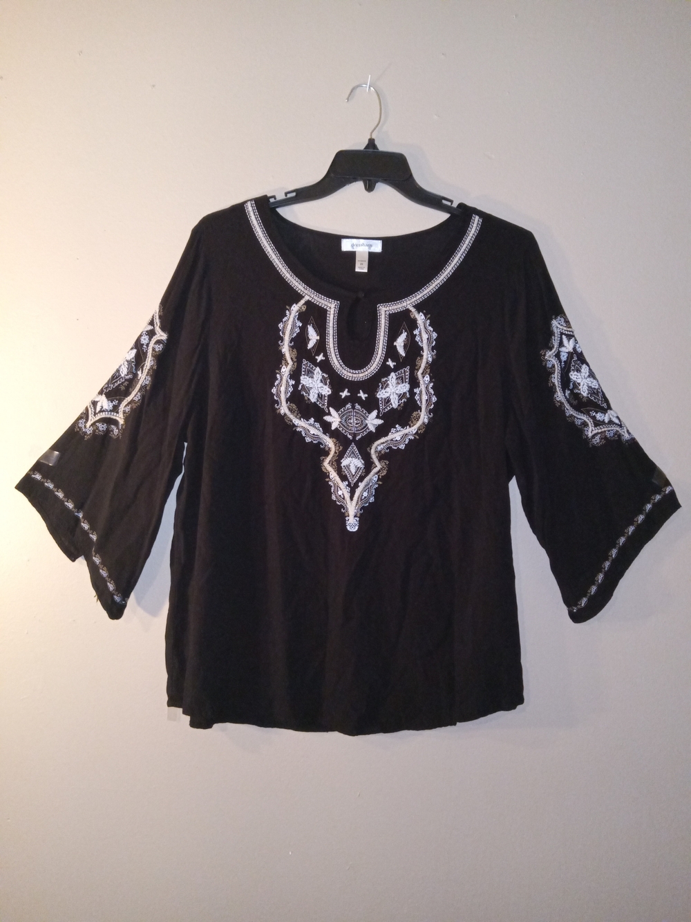 Dress Barn Black Tunic with White Embroidered Detail